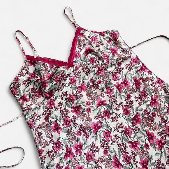 Y2K Adonna White & Pink Whimsy Floral Satin Ruffle Trim Mini Lingerie Slip Dress - Picture 6 of 7